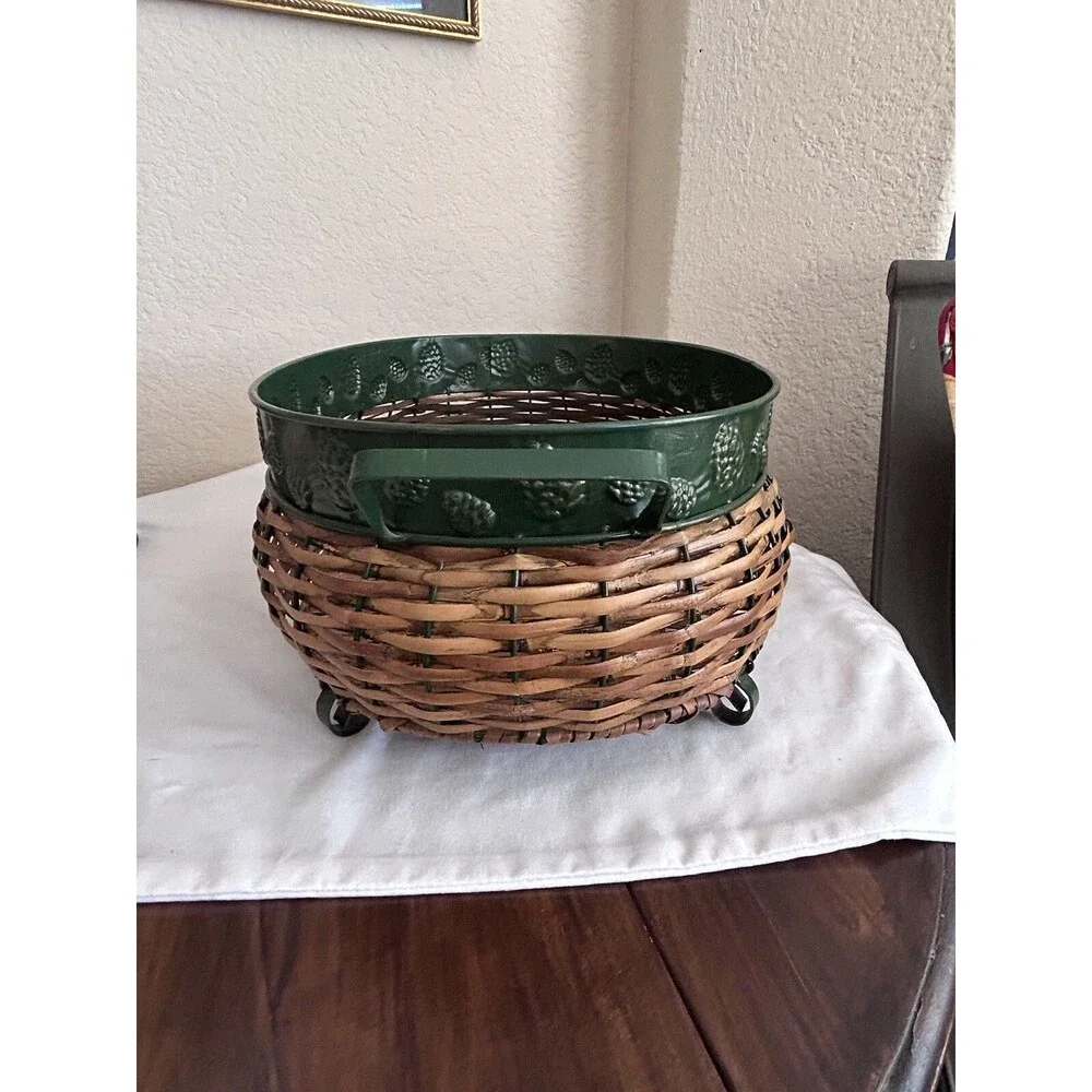 Vintage Wicker Oval Pine Cone Basket Green Metal Handles Stamped Pine Cones READ